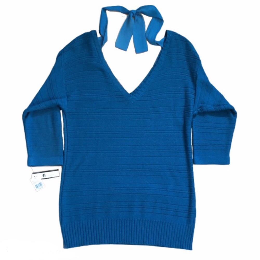 AB Studio V-Neck Tie 3/4 Sleeve Sweater Sea Blue